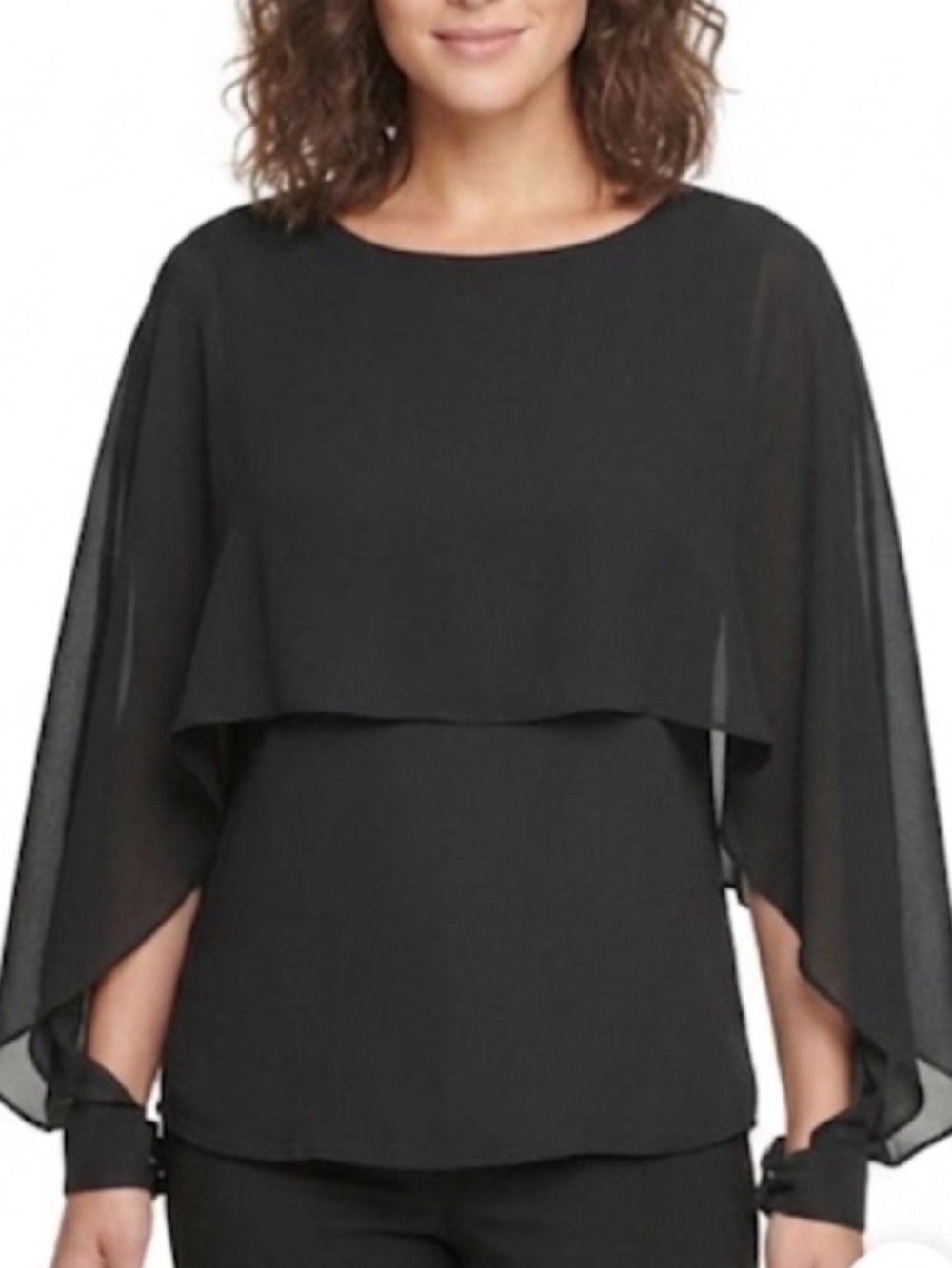 Marc New York Black Cape Overlay Blouse – Sheer Chiffon Wing Sleeve Top XL